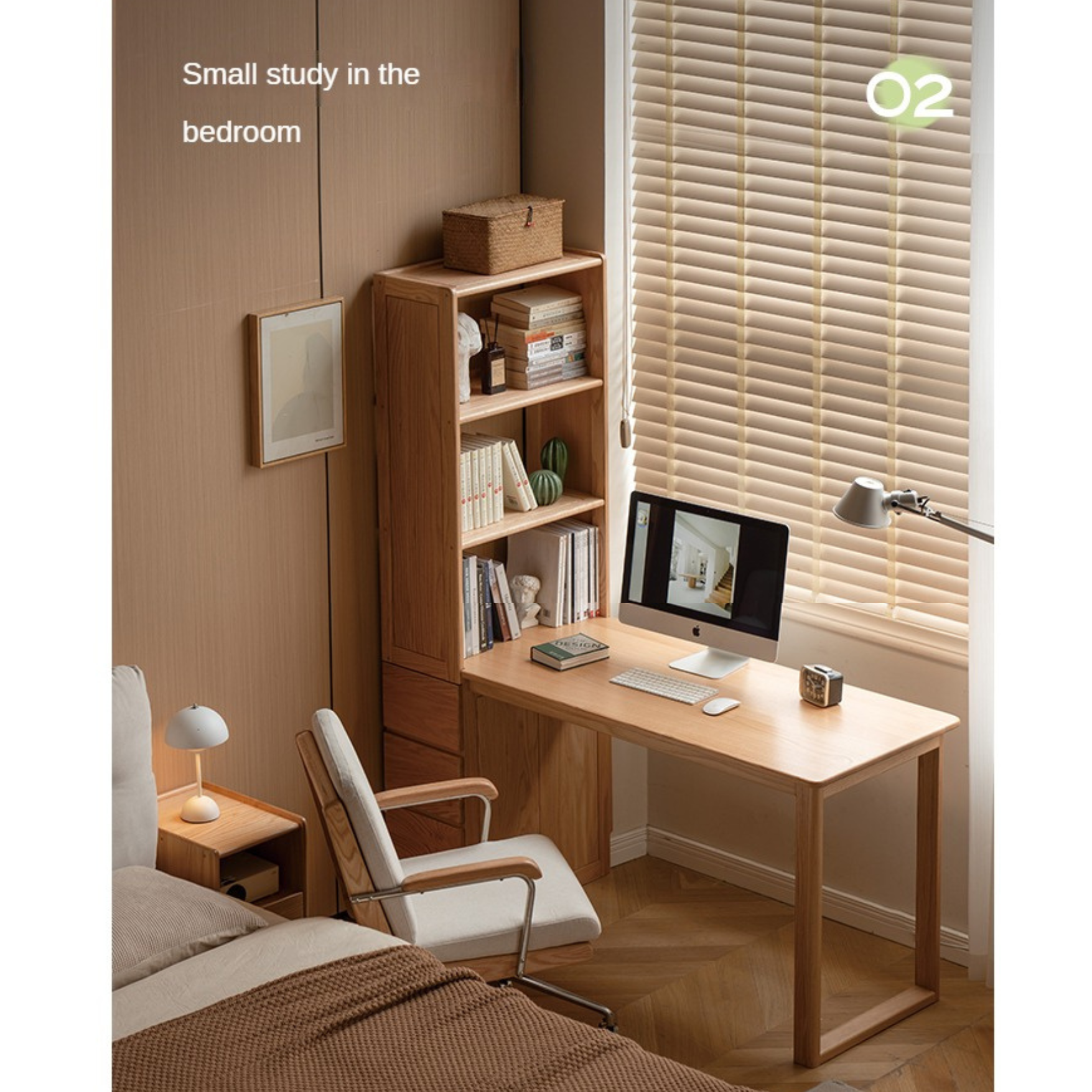 Oak Solid Wood Desk with Bookshelf and Drawer