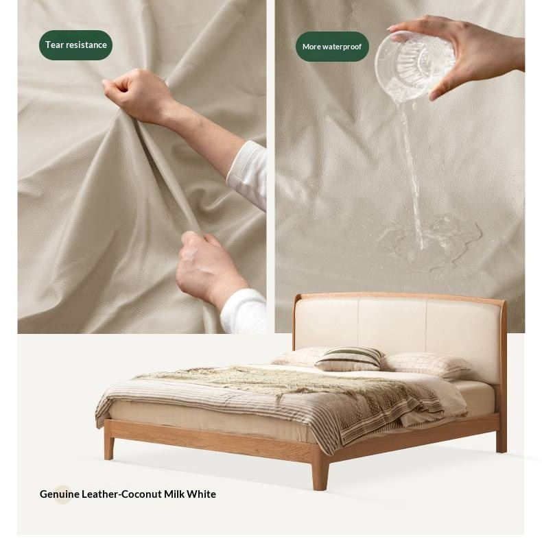 Oak Solid Wood Bed — Modern Minimalist, Genuine Leather Upholstered Bed