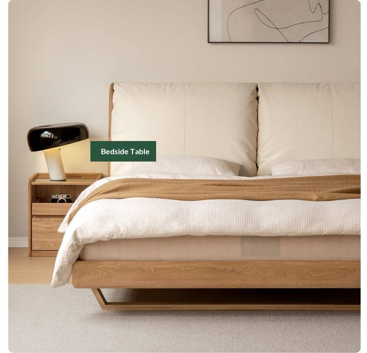 Oak Solid Wood Bed — Modern Minimalist Style with Genuine Leather and Floating Design