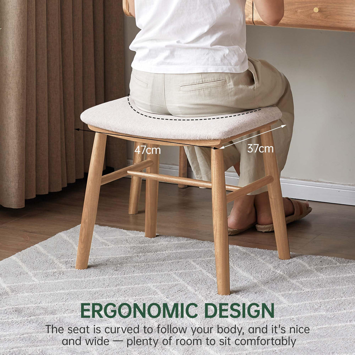 Black Walnut, Oak Solid Wood Vanity Stool with Curved Seat
