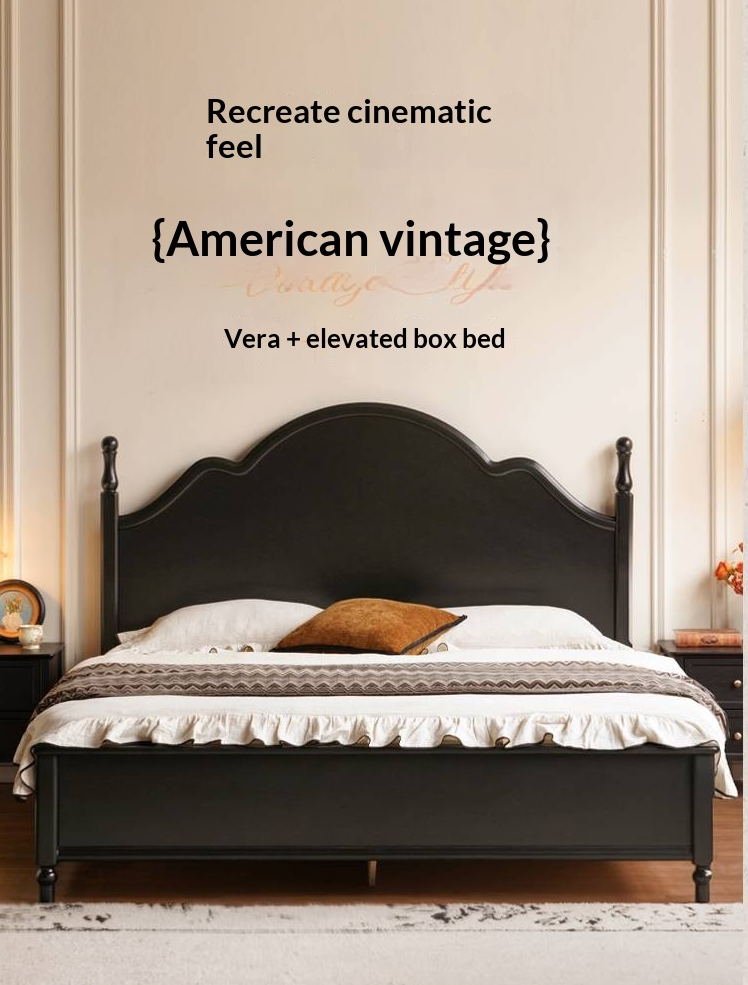 Rubberwood Solid Wood Bed American Retro Black Style