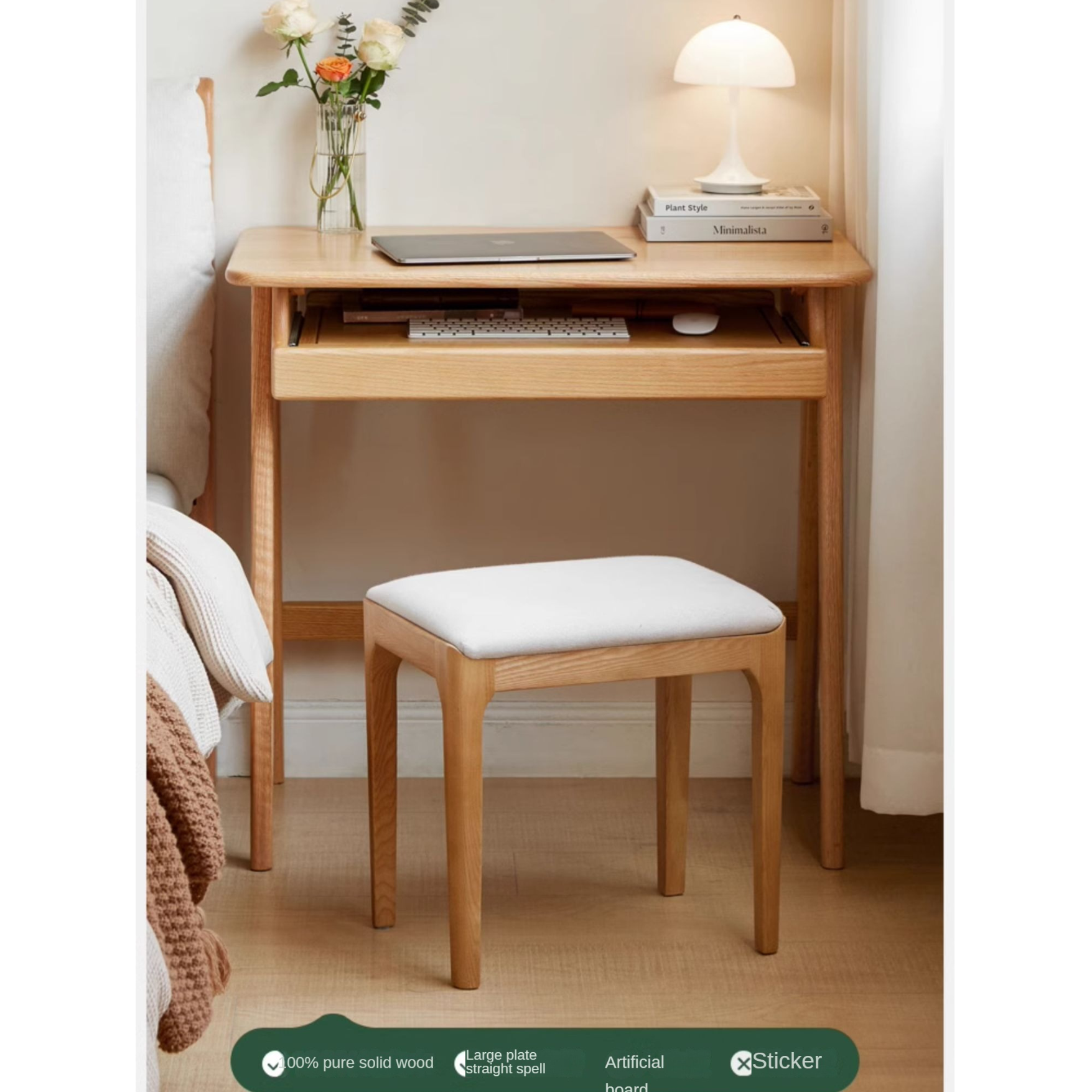 Oak, Solid Rubberwood Narrow Study Desk with Drawers