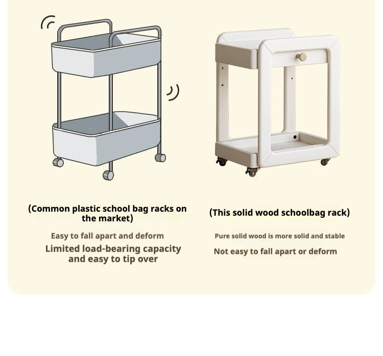 Rubber Solid Wood White Cream Style Under-Desk Movable Storage Rack.