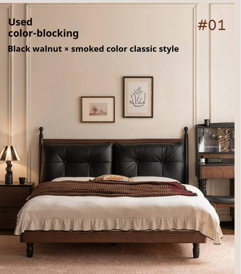 Black Walnut Solid Wood Leather Four Poster Bed with Tufted Headboard