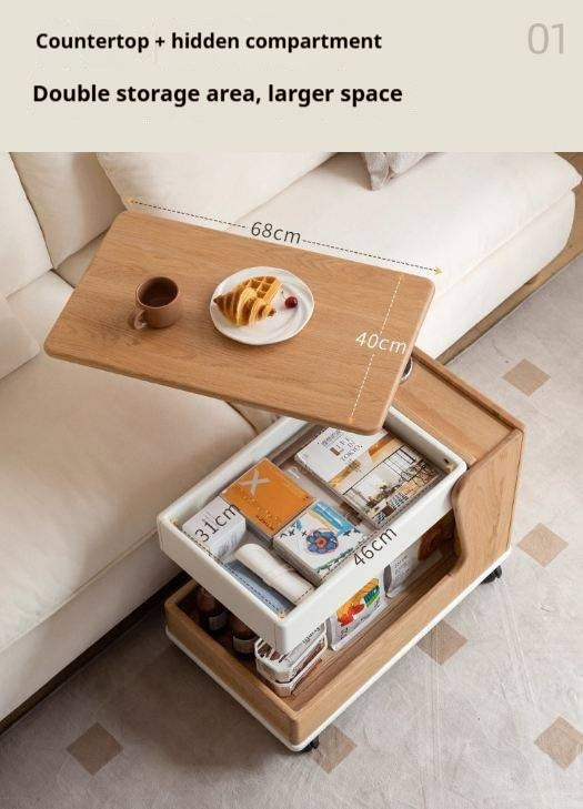 Oak Solid Wood Liftable Rotating Mobile Side Table