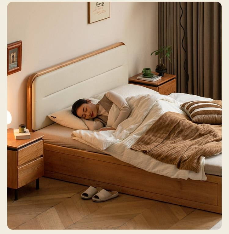 Cherry Solid Wood Box Bed — Vintage Style with Soft Backrest