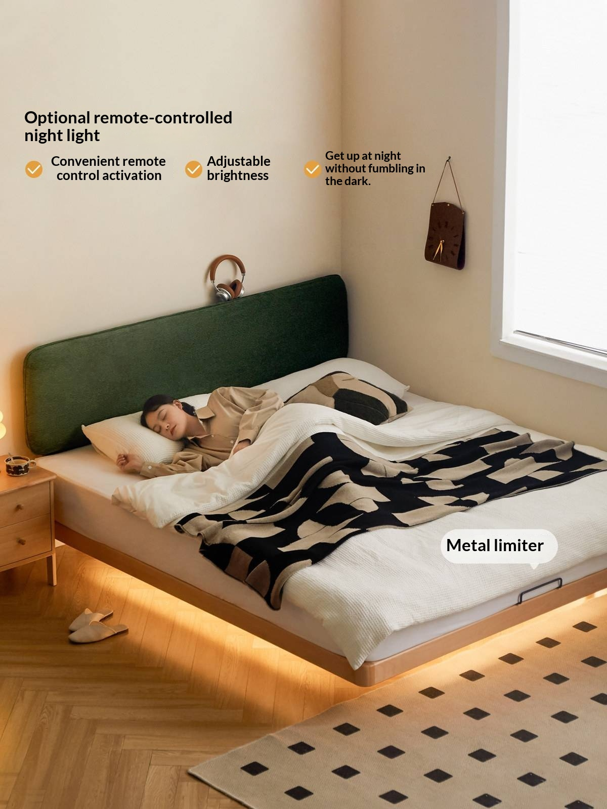 Beech Solid Wood Upholstered Bed — Retro Style with Floating Design, Luminous Light, Luxury Finish