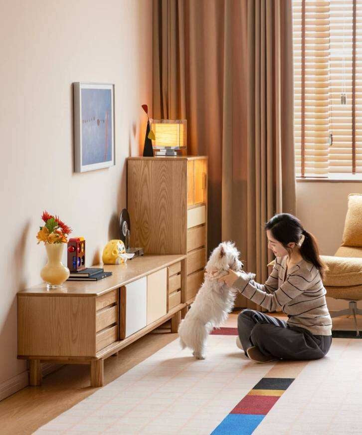 Ash Solid Wood TV Cabinet with Color Block Storage Design