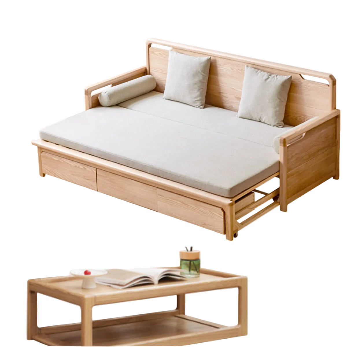 Oak solid wood Convertible Daybed Sofa with Integrated Storage