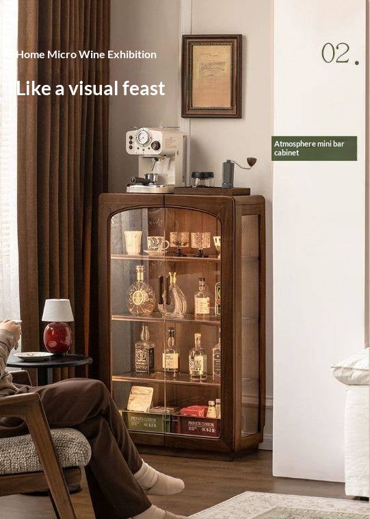 Black Walnut Solid Wood Side Cabinet with LED Lighting and Glass Panels