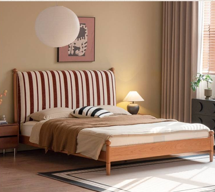 Cherry Solid Wood Fabric Upholstered Bed