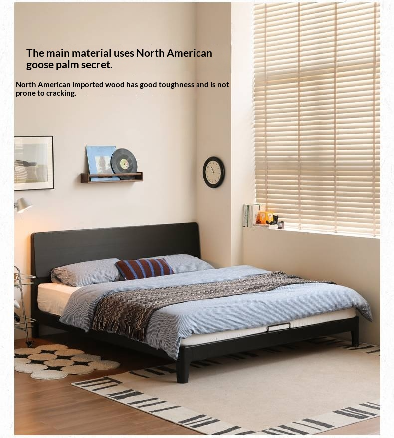 Rubberwood, Poplar Solid Wood Bed in Black — Modern Casual Edge Design