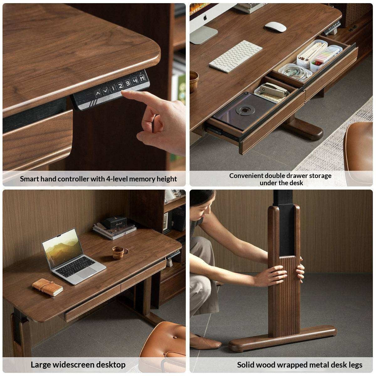 Black Walnut, White Ash Solid Wood Electric Height-Adjustable Standing Desk with Storage Drawers