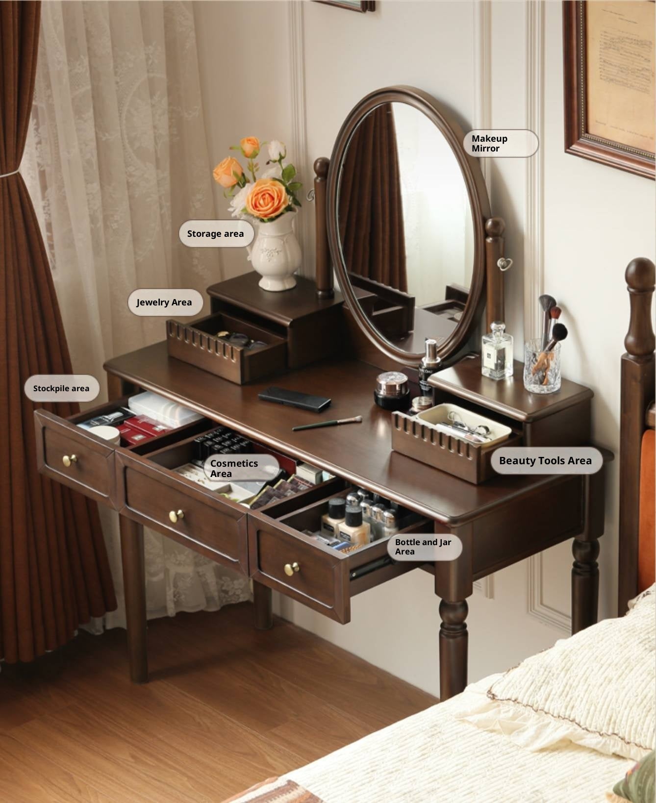 Poplar Solid Wood American Retro Style Dressing Table with Makeup Mirror