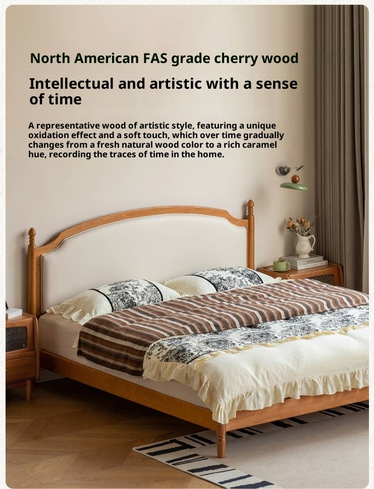 Cherry Solid Wood Soft Backrest Bed, French Retro Style