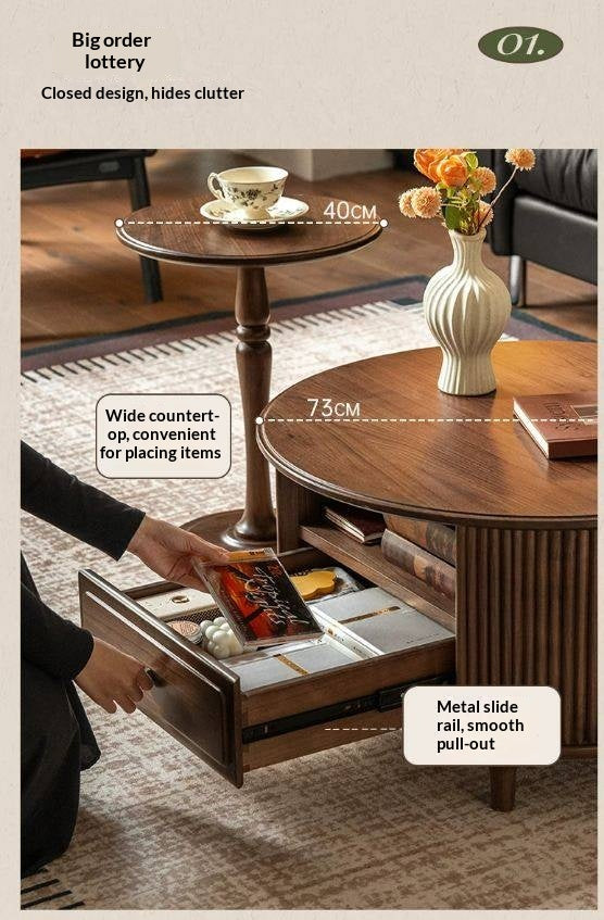 Black Walnut Solid Wood Coffee Table with Storage Drawer, Mid Century