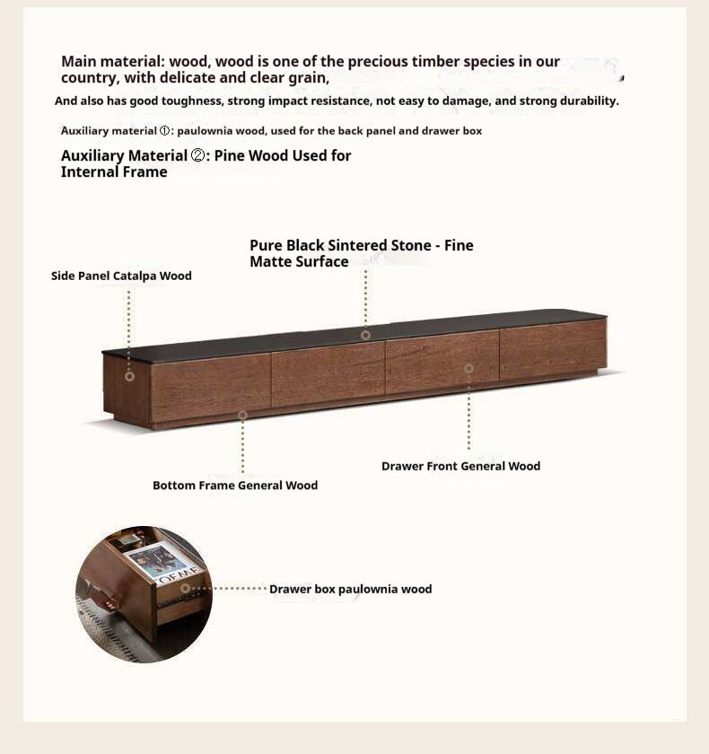 Catalpa Solid Wood TV Cabinet with Storage Drawers, Media Console with Slate Top