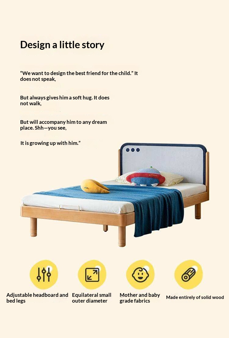 Beech Solid Wood Kids Montessori Platform Bed with Upholstered Headboard