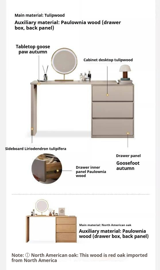 Tulipwood , Oak Solid Wood Telescopic Vanity Table Three Drawers.