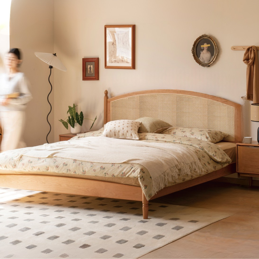 Cherry Solid Wood Rattan Bed Retro