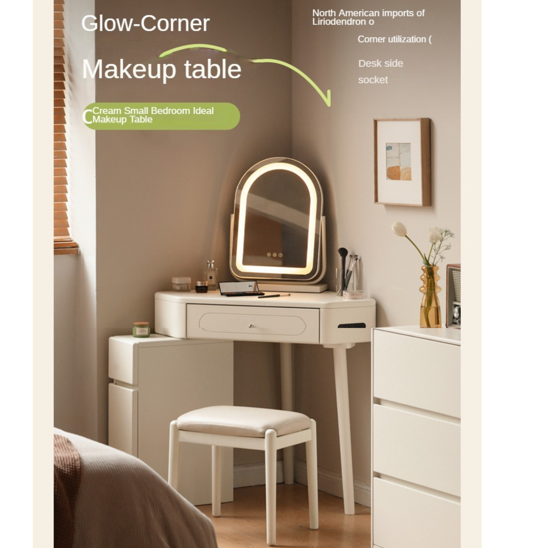 Poplar Solid Wood Corner White Dressing Table.