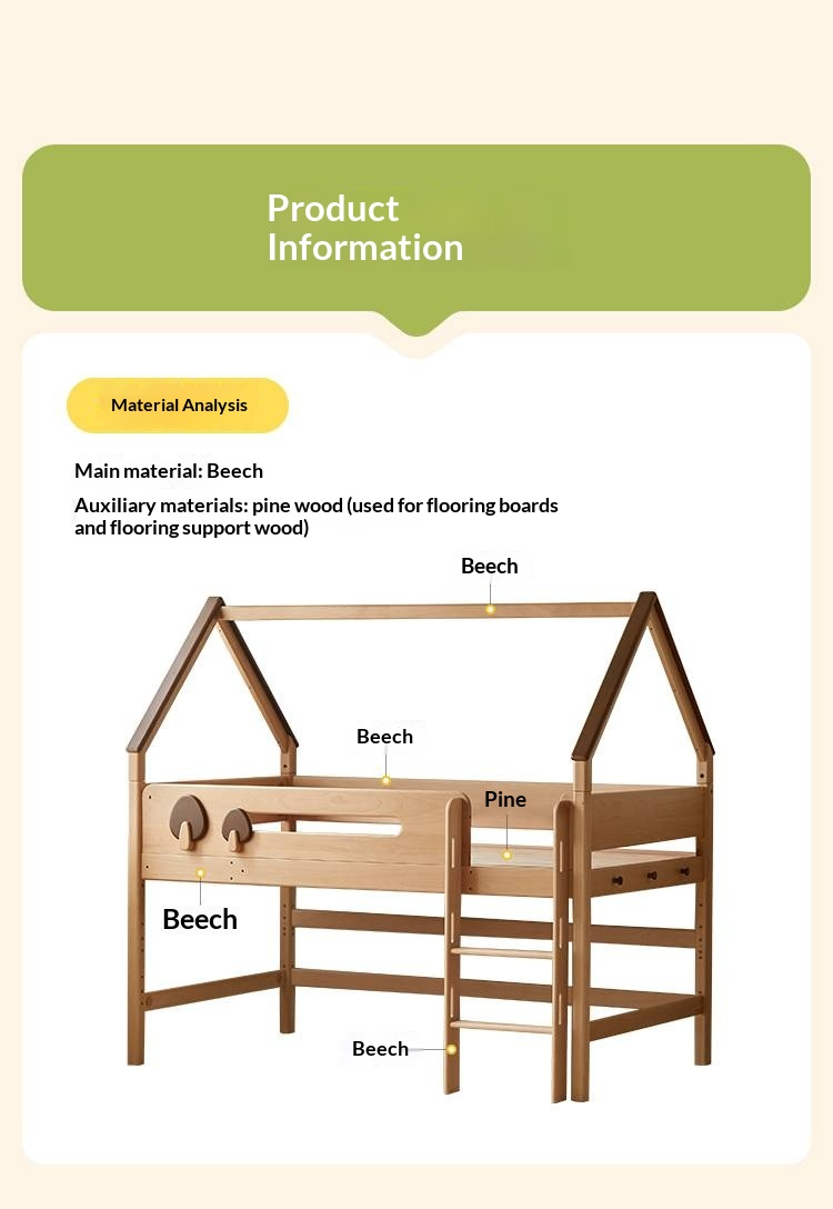 Beech Solid Wood Children's Loft Bed with Table Under Bed