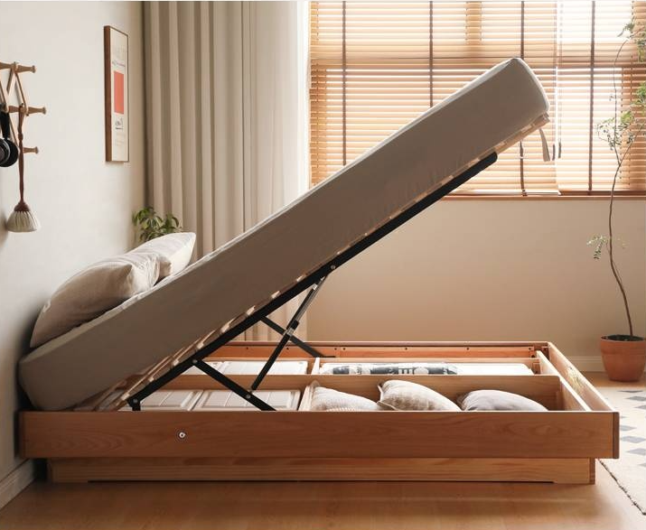 Cherry Solid Wood Floating Platform Box Bed, Headboard-Free Bed