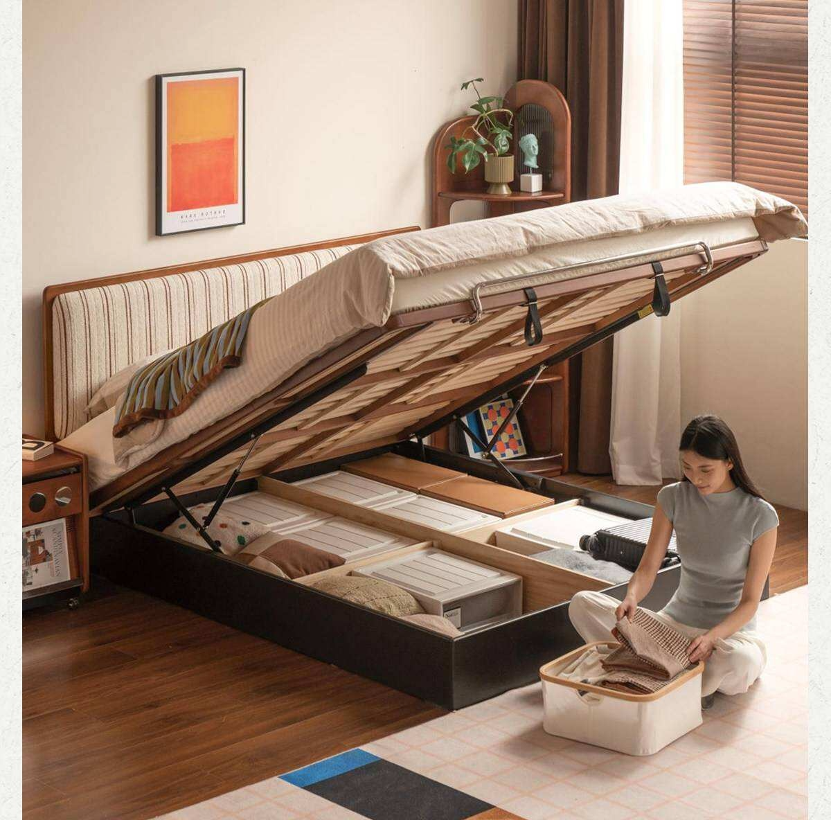 Poplar Solid Wood Channel Tufted Platform Bed with Gas Lift Storage