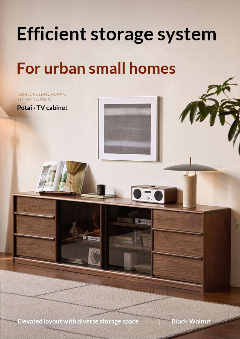 Black Walnut Solid Wood TV Cabinet with Large Storage