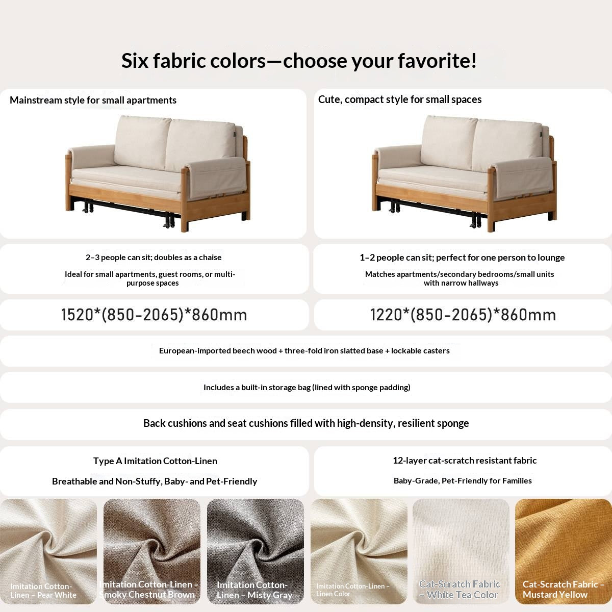 Beech Solid Wood Sleeper Sofa with Pull-Out Bed and Slatted Wood Armrests