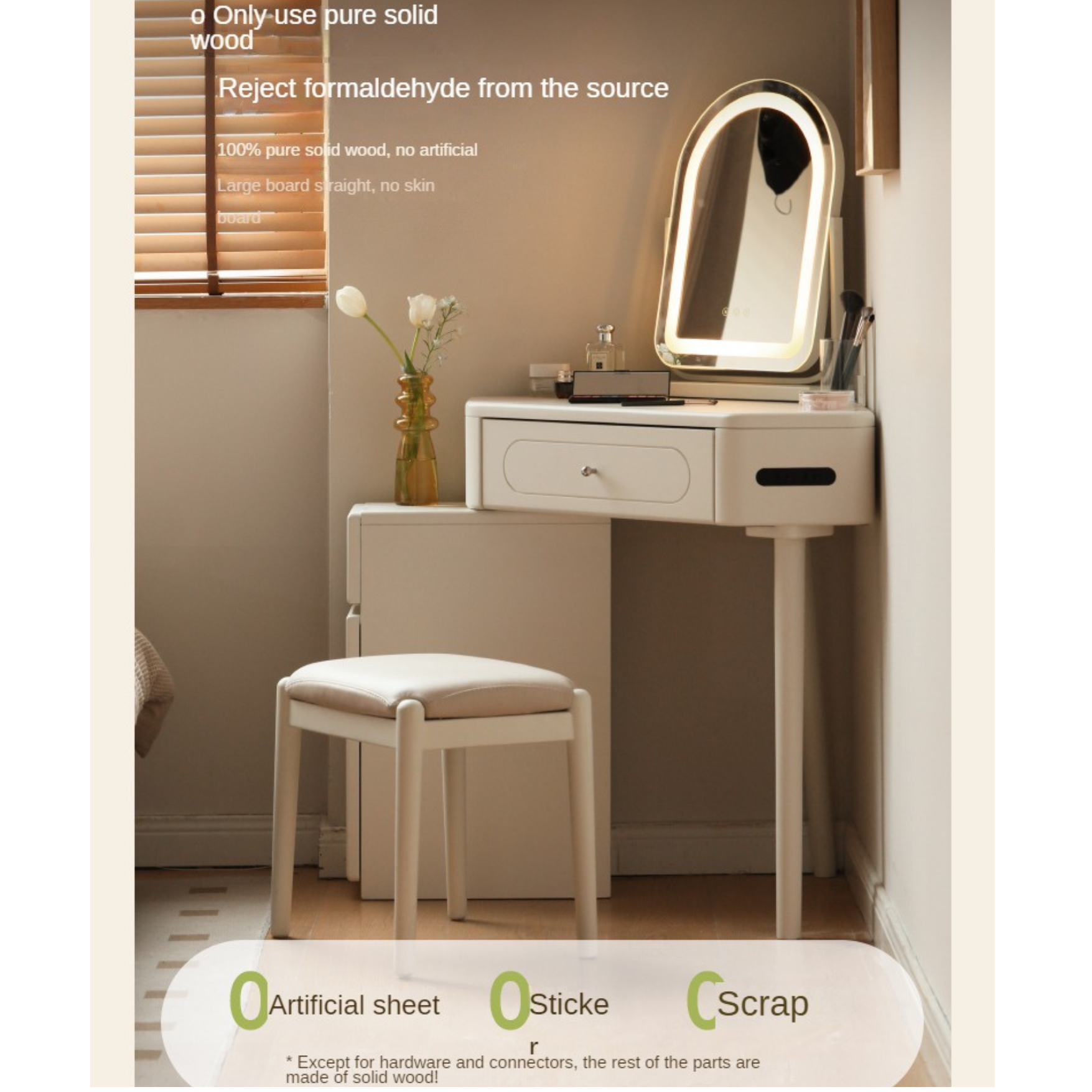 Poplar Solid Wood Corner White Dressing Table.