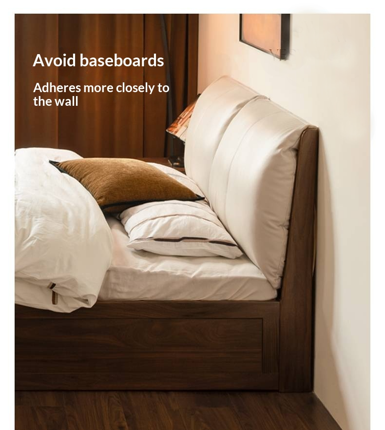 Black Walnut Solid Wood Box Bed — Luxury Genuine Leather Bed with Soft Backrest