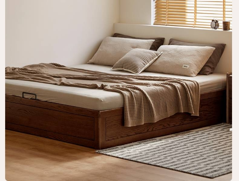 Oak, Rubberwood Solid Wood Platform Box Bed, Headboard-Free Bed Modern Minimalist