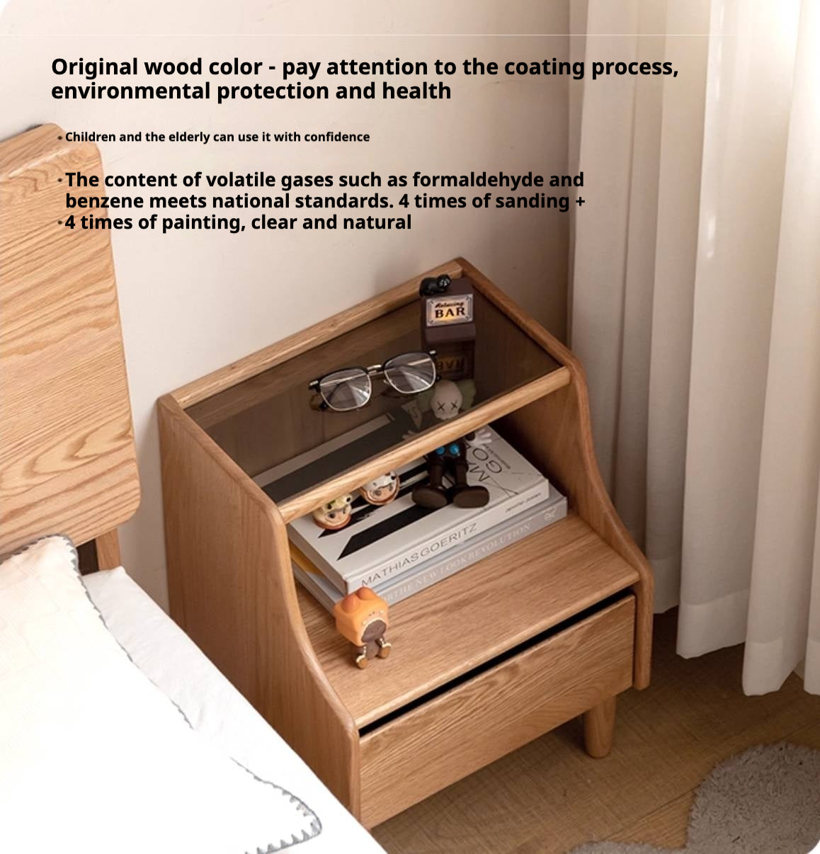 Solid RubberWood, Oak Solid Wood Nightstand with Glass Door with Storage