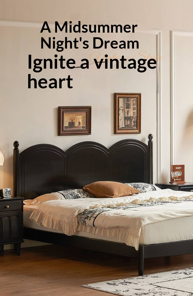 Rubberwood Solid Wood Bed — French Vintage Style, Large Slab Bed