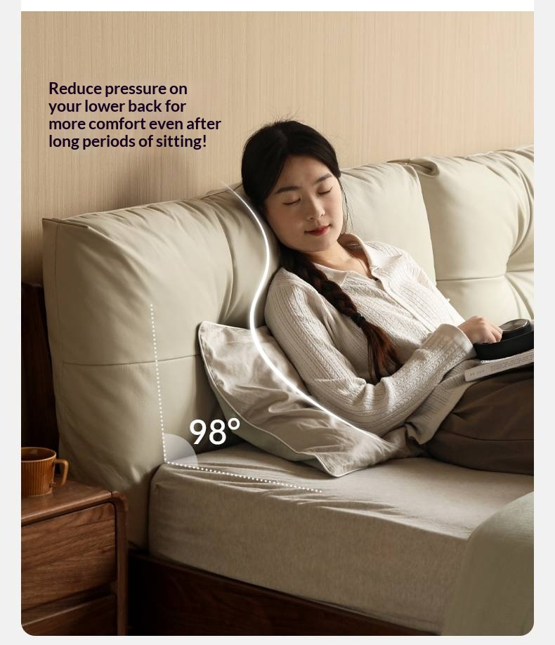 Black Walnut Solid Wood Bed with Top Genuine Leather Upholstery and Nordic High Headboard