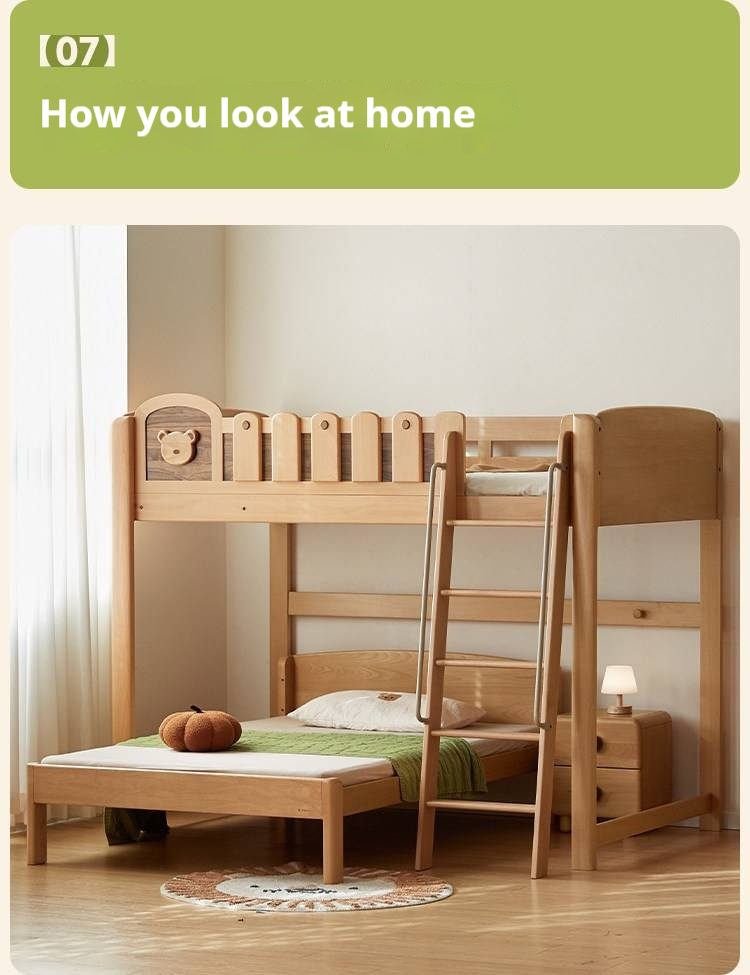 Beech Solid Wood L-Shaped Bunk Bed with Bookshelf Headboard and Detachable Guardrail