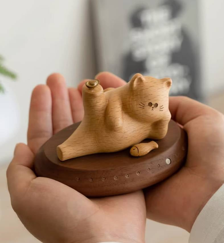 Beech, Black Walnut Solid Wood Lucky Cat Car Diffuser Ornament with Number Plate Design