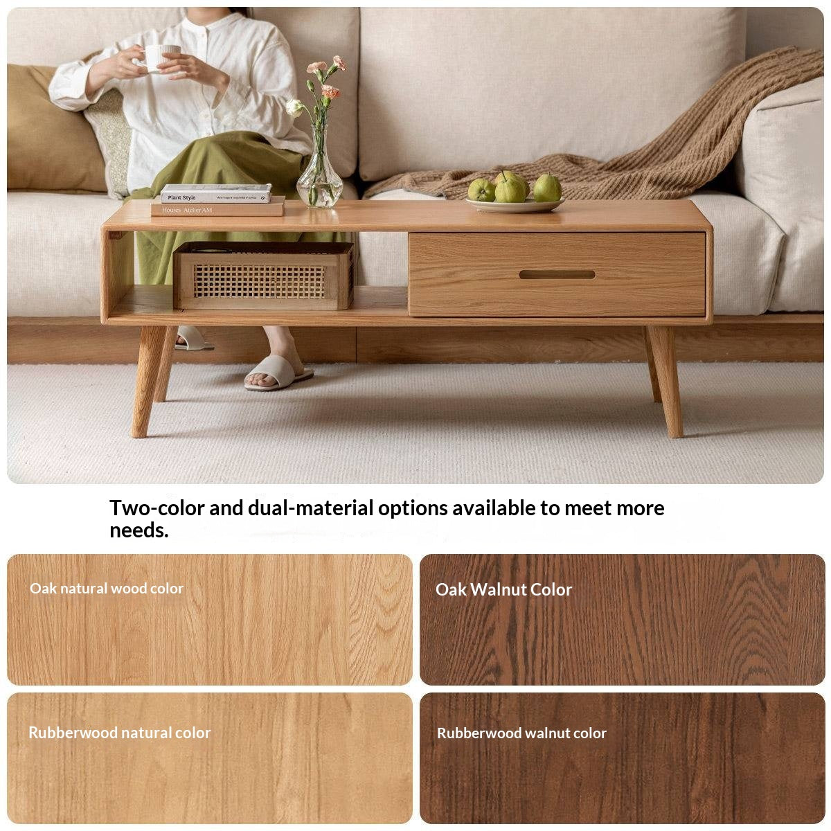 Oак, Beech Solid Wood, Solid Rubberwood Modern Coffee Table