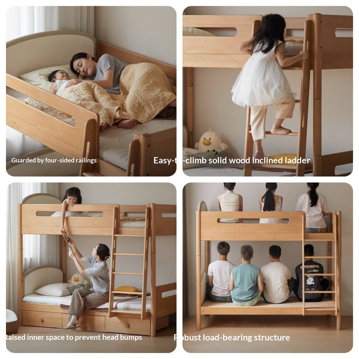 Beech Solid Wood Compact Bunk Bed, Suitable for Adults and Children