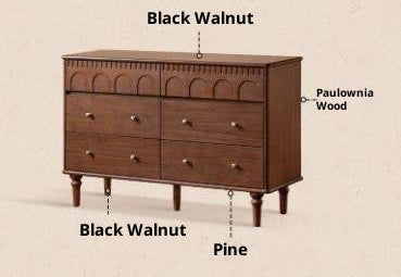 Black Walnut, Poplar, Solid Rubberwood French Retro Chest of Drawers