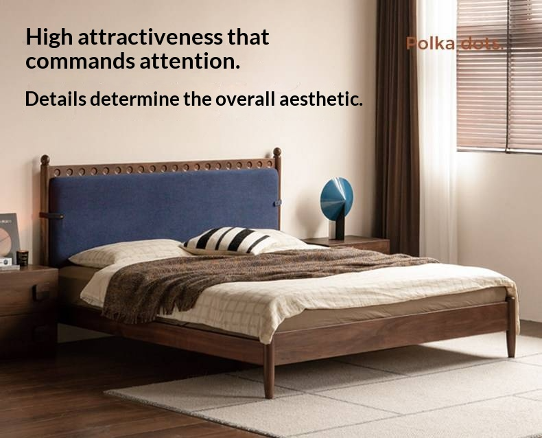 Black Walnut Solid Wood Bed — French Retro Style with Soft Backrest and Genuine Leather Upholstery