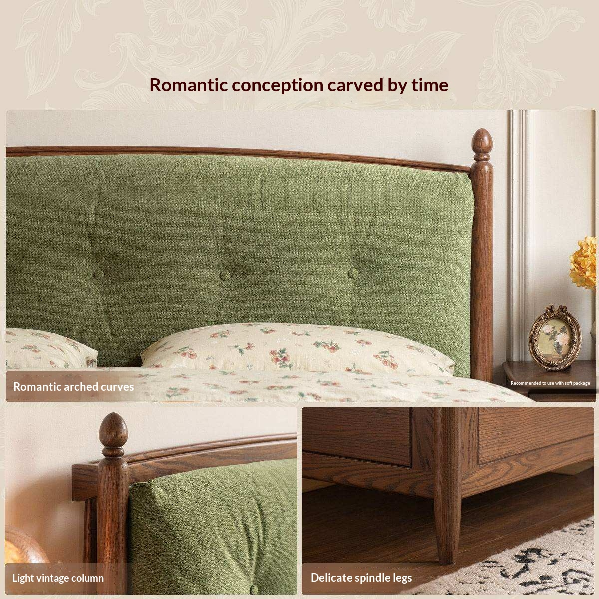 Oak Solid Wood French Country Tufted Storage Bed with Gas Lift and Turned Posts