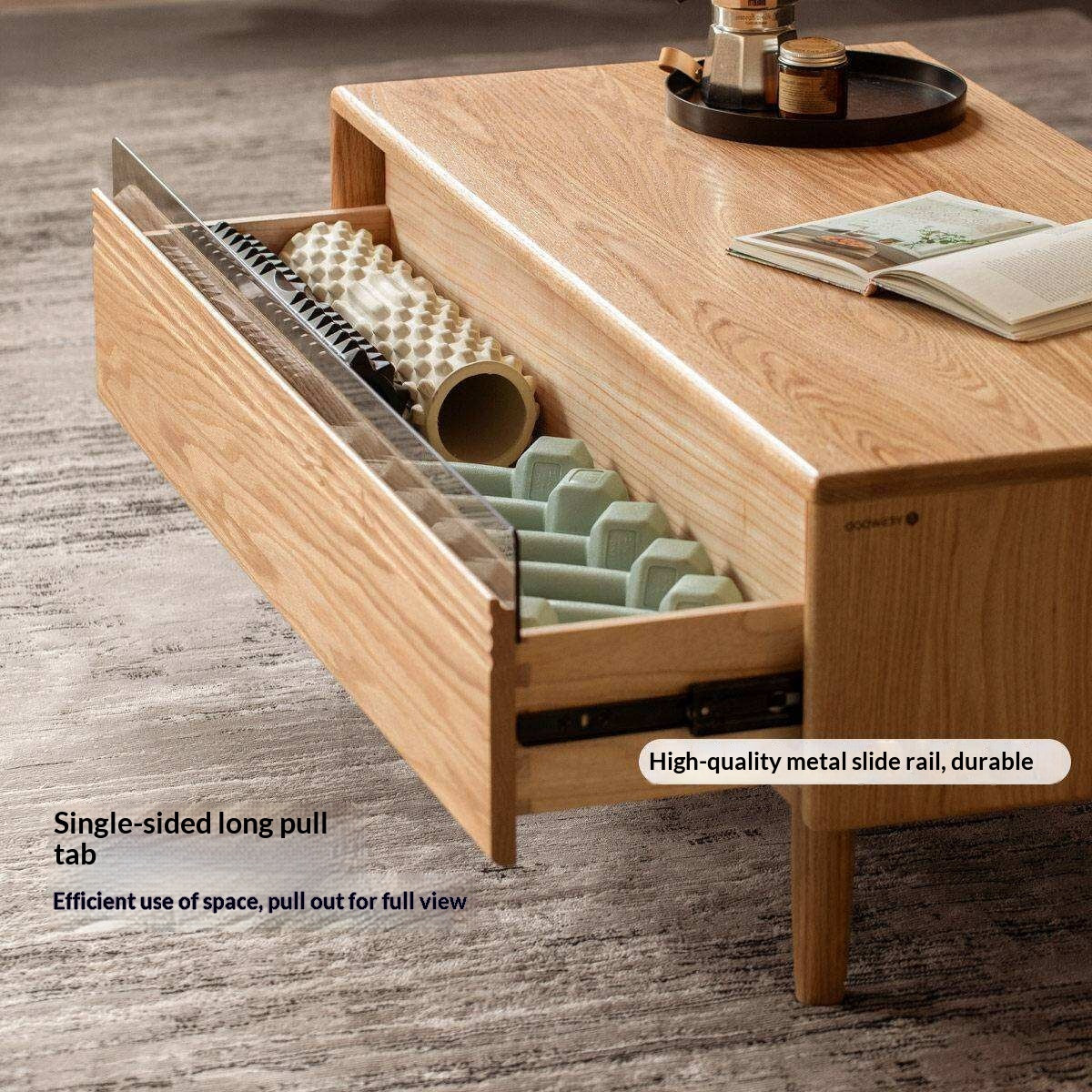 Oak Solid Wood Coffee Table with Integrated Drawer Storage