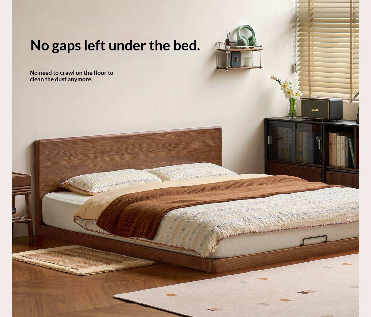 Oak Solid Wood Bed with Removable Headboard and Low Floor Design