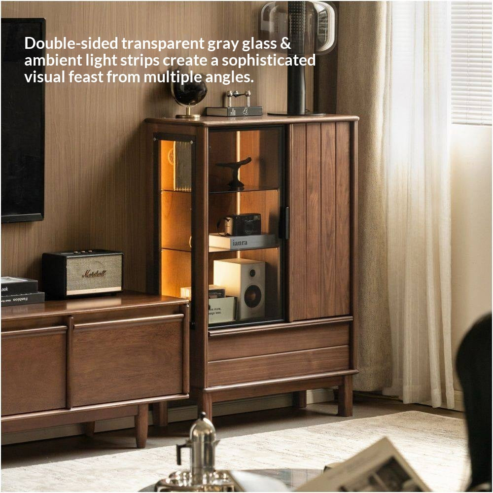 Black Walnut Solid Wood, Solid Longan Hardwood Wine Bar Cabinet with LED Lighting and Glass Door