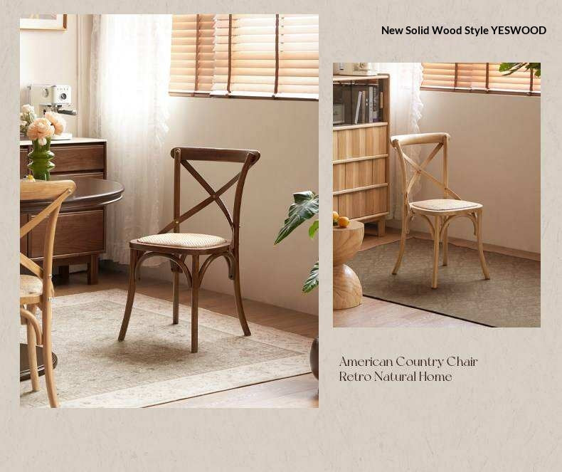 4 pcs -White Oak Solid Wood French Country Cross Back Dining Chair with Rattan Seat