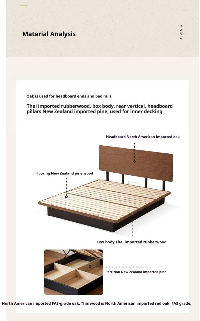 Oak Solid Wood Mid-Century Floating Storage Bed with Lift-Up Storage Box