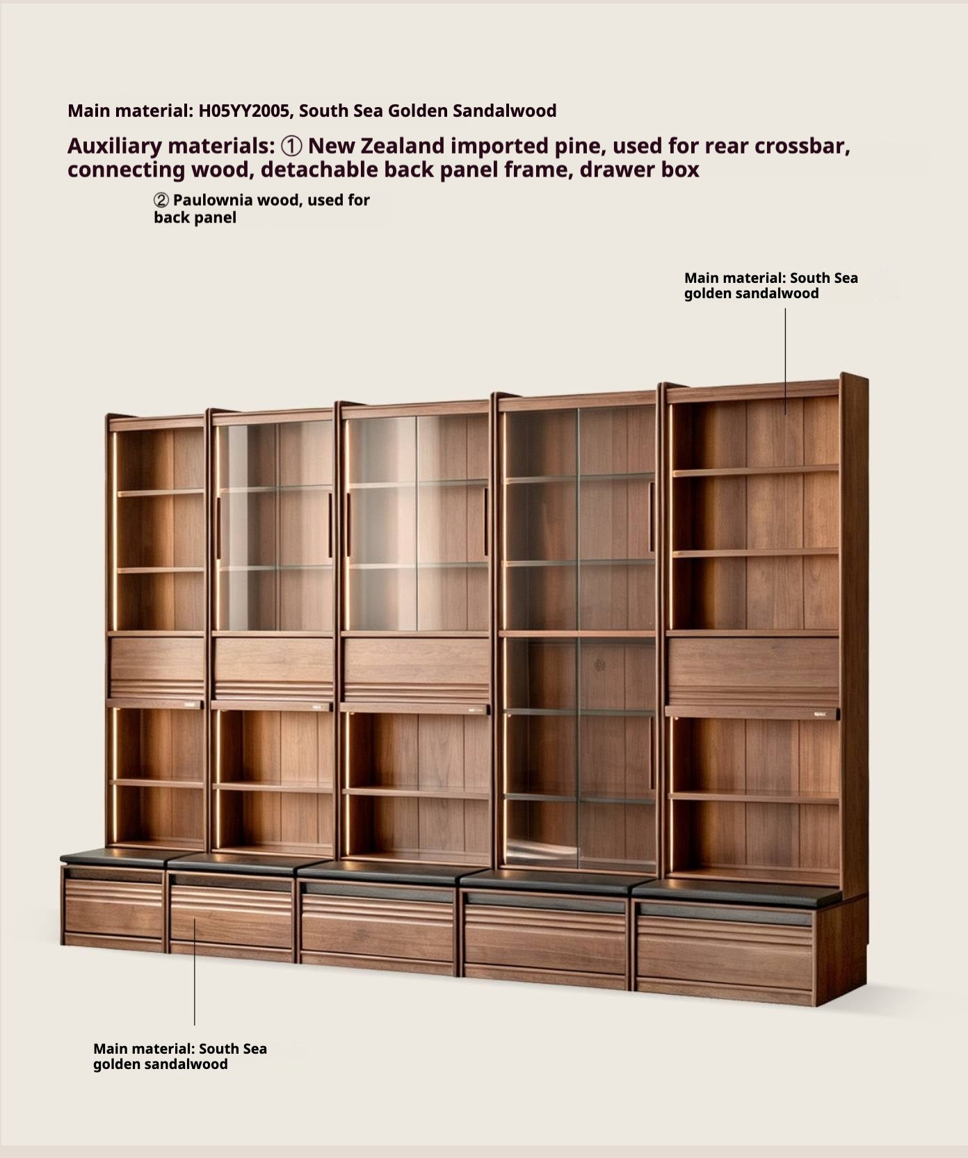 Black Walnut, Ash Solid Wood Combination Bookcase with Floor Display and Luxury Storage
