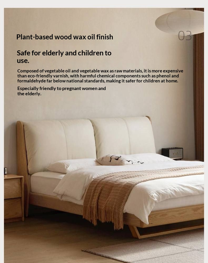 Oak Solid Wood Bed — Italian Light Luxury with White Genuine Leather and Soft Backrest